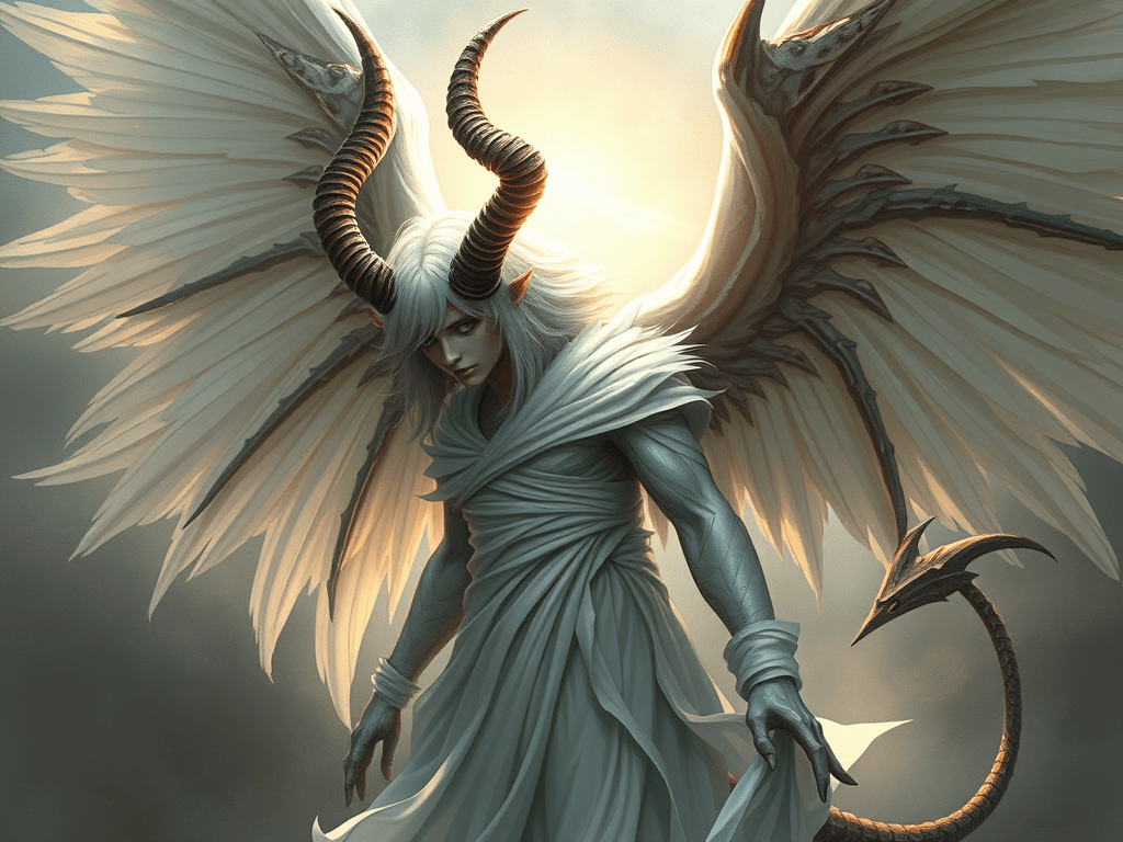 A creature that appears to be an angel with a white robe and and white hair and wings with white feathers, but it has a demon's tail, horns and demon details to the wings. Turned out cooler than I expected!