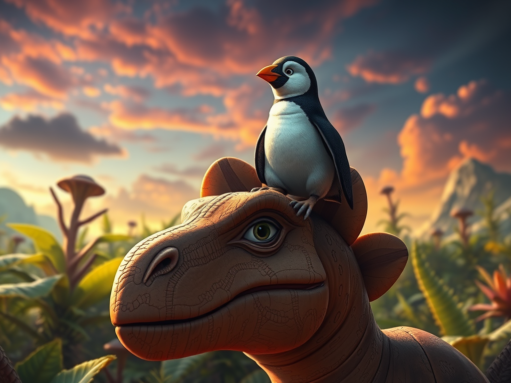 A colorful image of a penguin atop the head of a titanosaur, a beautiful sky behind and tall, strange plants.