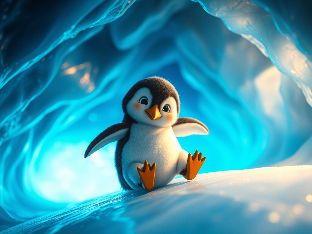 Stumpy the time traveling penguin in a bright blue ice cave