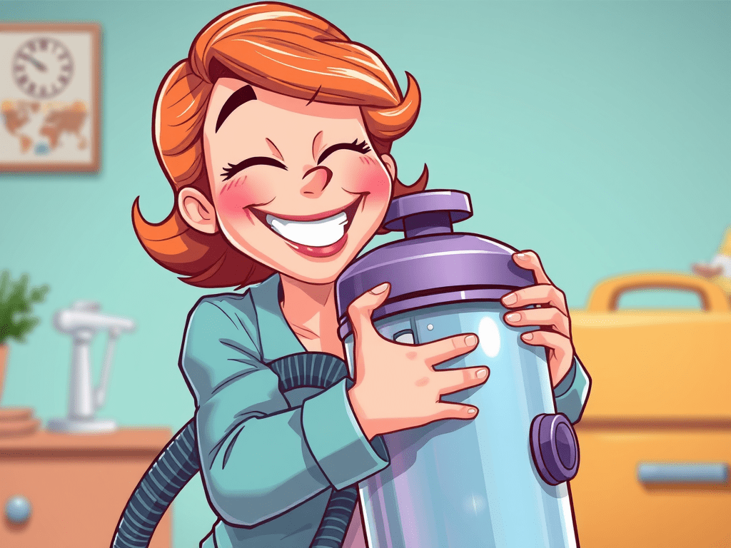A cartoon of a woman with red hair hugging a canister-style vacuum cleaner in a cartoony room in blue-green and dark yellow.