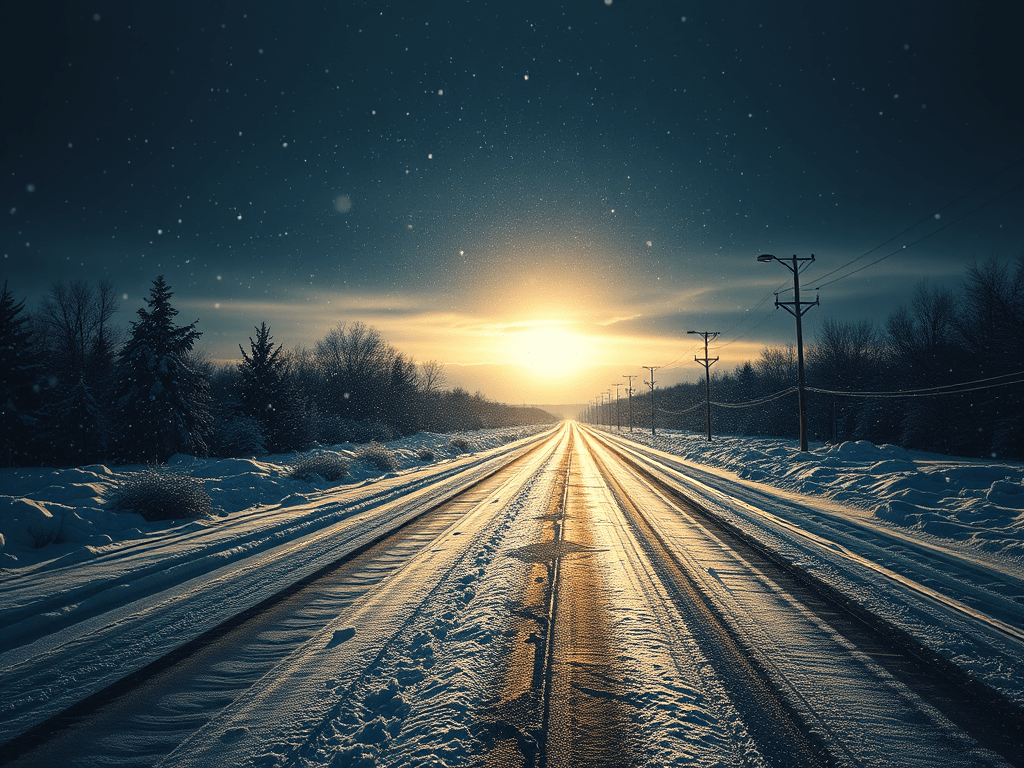 Dark, icy road with trees on either side, and a bright light at the end, might be the sun, might be a time portal.