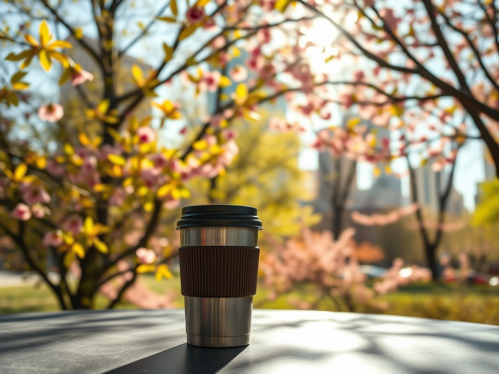 A reusable coffee cup on a table in a sunlit park. Cherry blossoms bloom in the background, creating a serene and refreshing spring atmosphere.