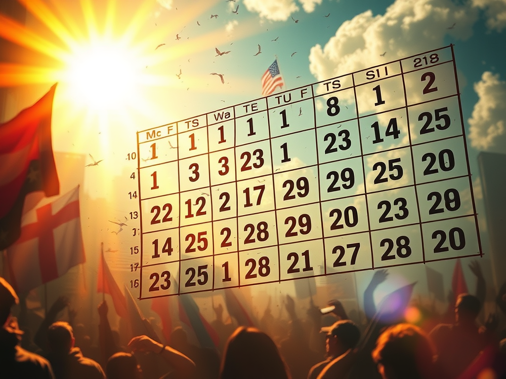 A calendar with a very odd arrangement of numbers and with multiples of some numbers while others are totally out of order, overlays a vibrant outdoor scene with flags waving; a crowd silhouettes beneath a bright sun, blue sky, and clouds, conveying a festive atmosphere.
