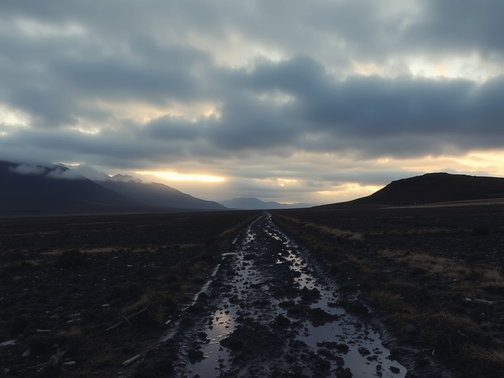A muddy path leads into a shadowy landscape under a cloudy, dramatic sky at sunrise or sunset, evoking a sense of solitude and vastness.