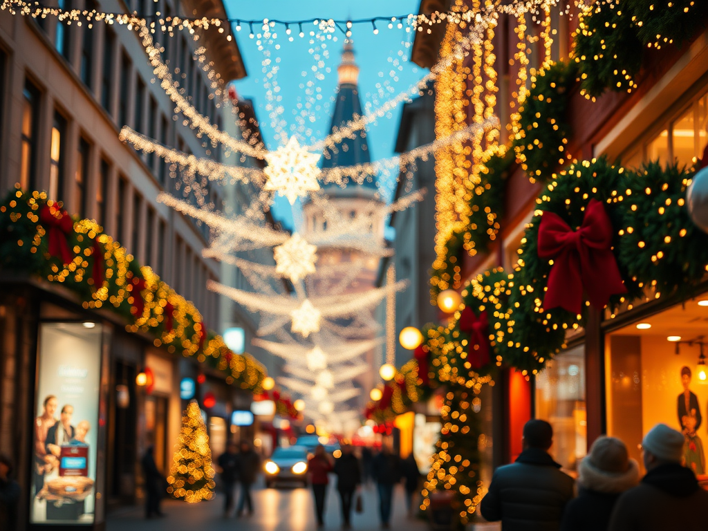 A festive city street with bright Christmas lights and star decorations overhead. Storefronts are adorned with wreaths and red bows. People stroll, creating a joyful atmosphere.