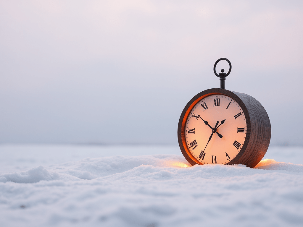 A vintage clock with Roman numerals rests on a snowy landscape under a soft pink sky. The scene conveys a sense of tranquility and the passage of time.