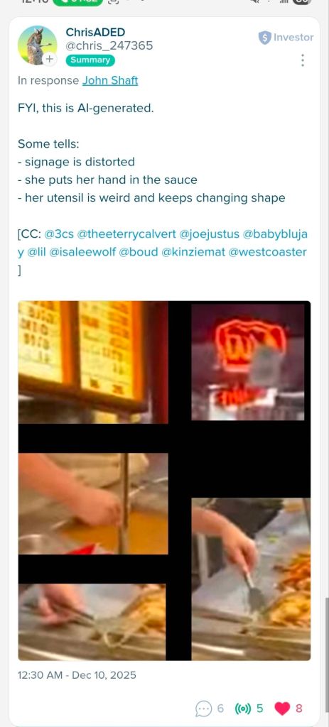 FYI, this is AI-generated.

Some tells:
-signage is distorted
-she puts her hands in the sauce
-her utensils are weird and keeps changing shape.

Accounts are CCd.
Stills from the video illustrating the above.