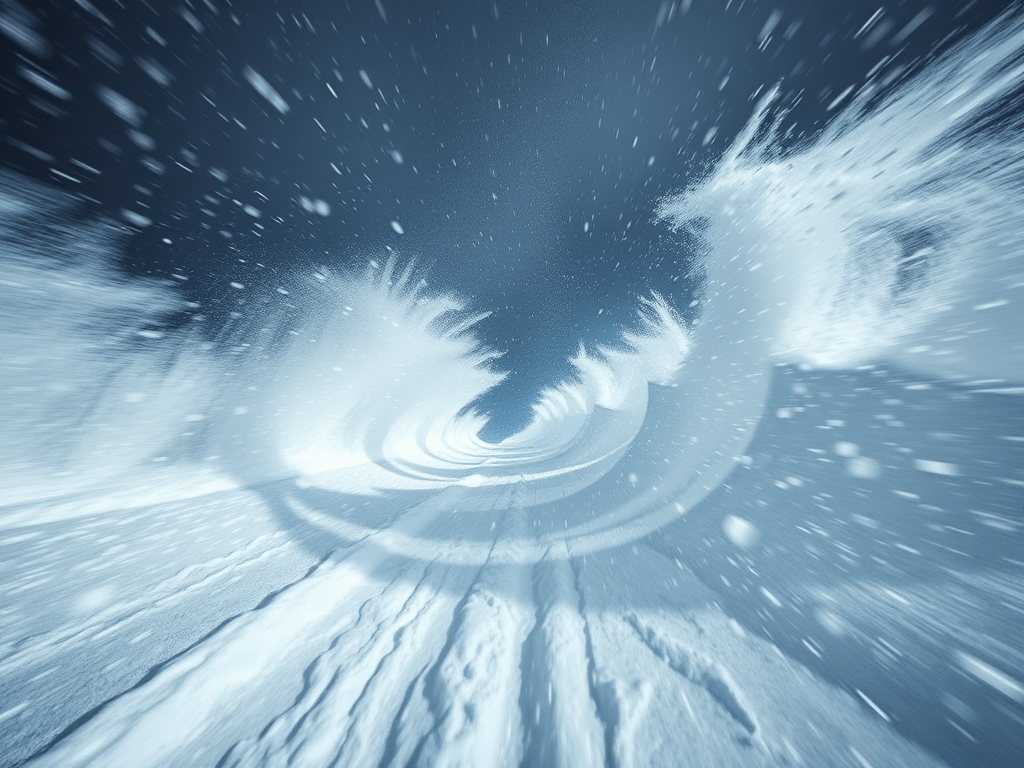 Dynamic abstract scene of swirling snow under a stormy sky. Snowflakes and wind create a sense of motion and energy, evoking a dramatic winter atmosphere.