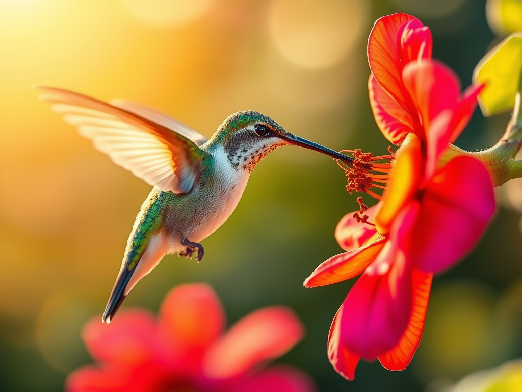 A vibrant hummingbird hovers near a bright red flower, sipping nectar. The sunlit background creates a warm, glowing atmosphere, highlighting the bird's colorful plumage.