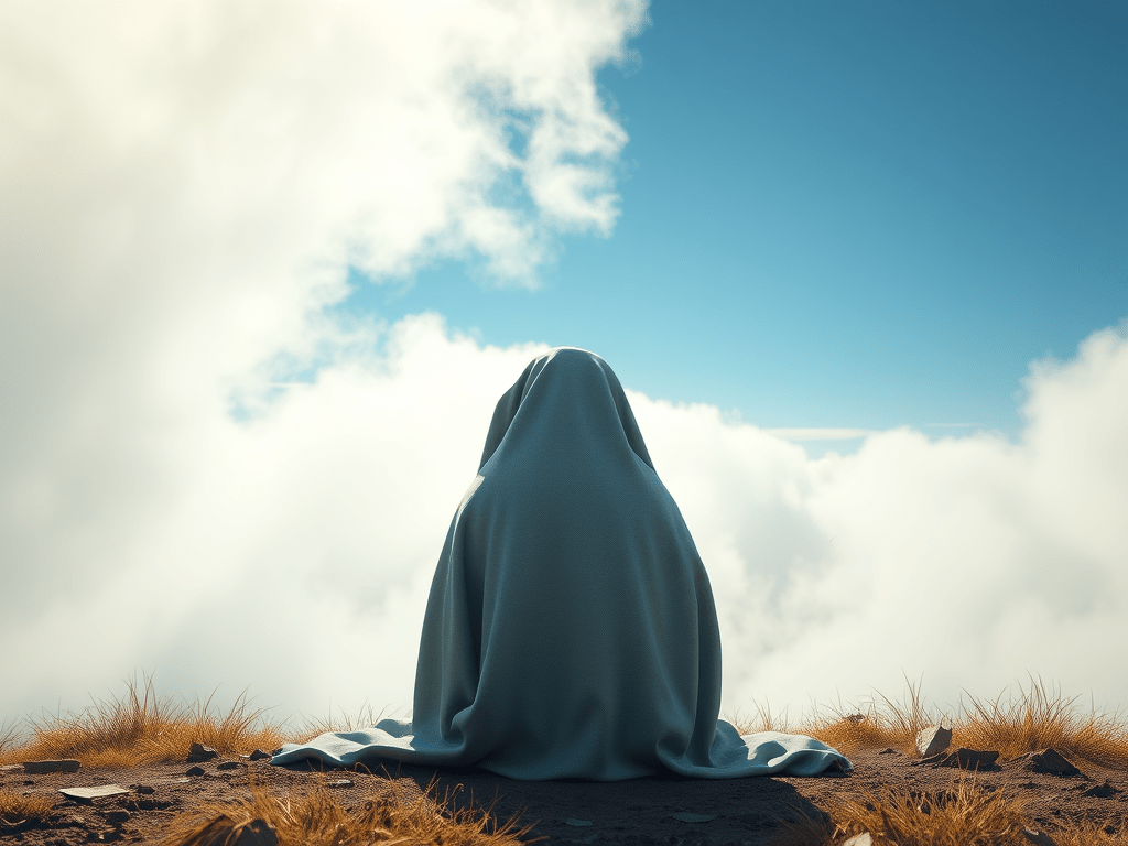 A person wrapped in a light blue blanket sits on rocky, grassy terrain, overlooking a vast sky with thick clouds. The scene conveys solitude and contemplation.