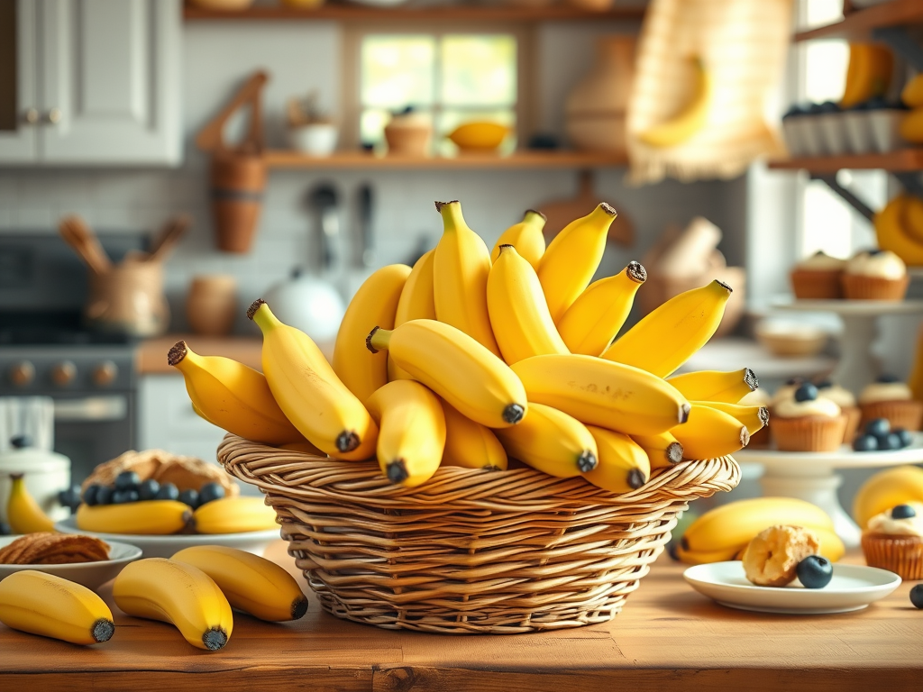 A woven basket filled with ripe yellow bananas sits on a wooden kitchen table. The background is a sunlit kitchen with fruits and baked goods, creating a cozy atmosphere.