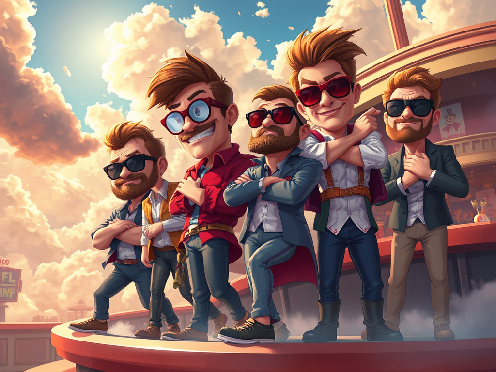 Five cartoon-like characters with styled hair and sunglasses stand confidently on a rooftop against a vibrant sky, exuding an adventurous vibe.