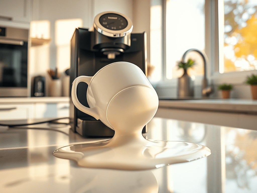 A tipped-over white coffee cup spills milk onto a shiny kitchen counter beside a coffee machine. Sunlight filters through a window, creating a warm tone.