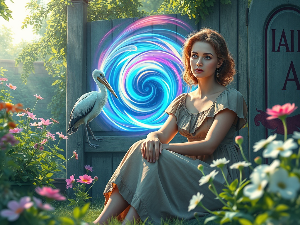 A woman in a dress sits in a vibrant flower garden beside a pelican. Behind them, a glowing blue and pink spiral creates a mystical atmosphere.