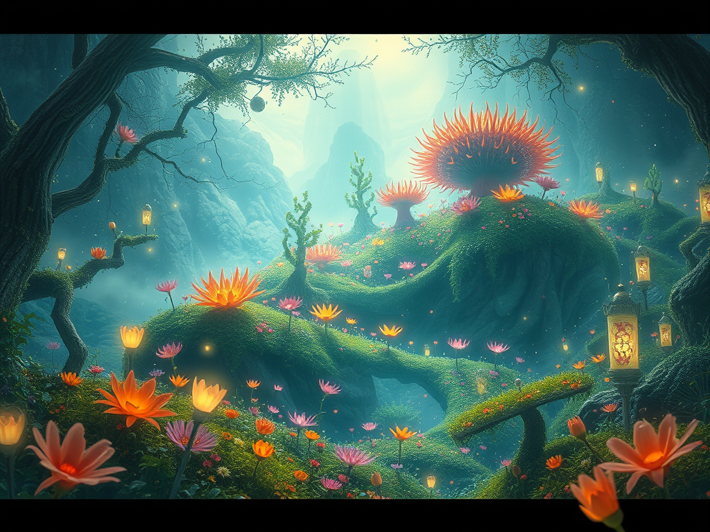 Fantasy landscape of glowing orange and pink flowers atop mossy hills, surrounded by lanterns hanging from twisted trees, creating an ethereal ambiance.