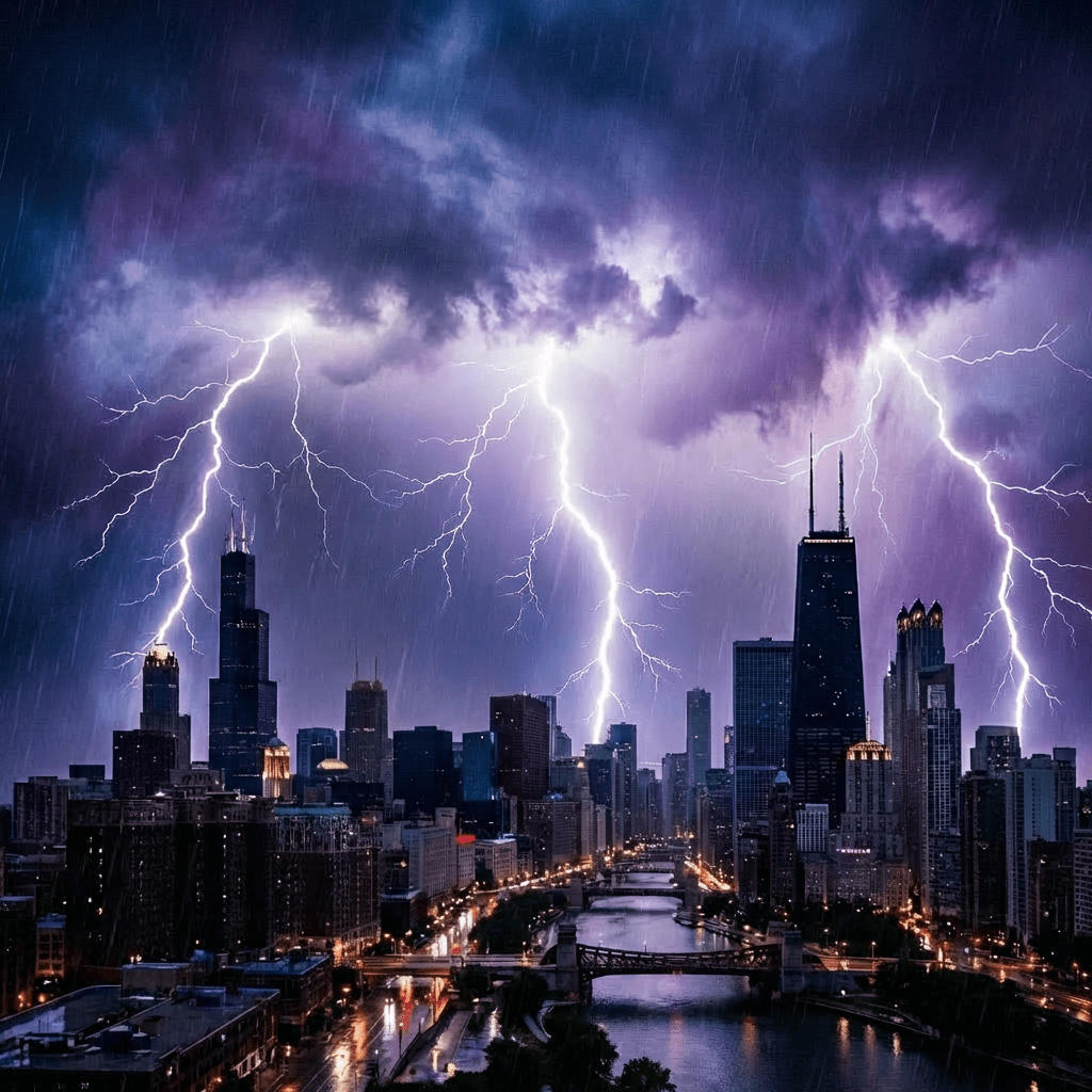 Multiple lightning bolts strike the Chicago skyline over a river during a nighttime storm.