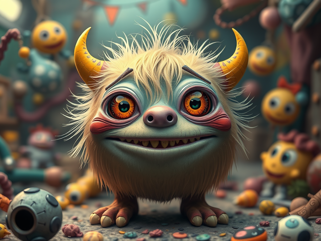 A cute, fuzzy monster with large orange eyes, yellow horns, and a too-big grin stands in a colorful, festive setting with smiling balloons.