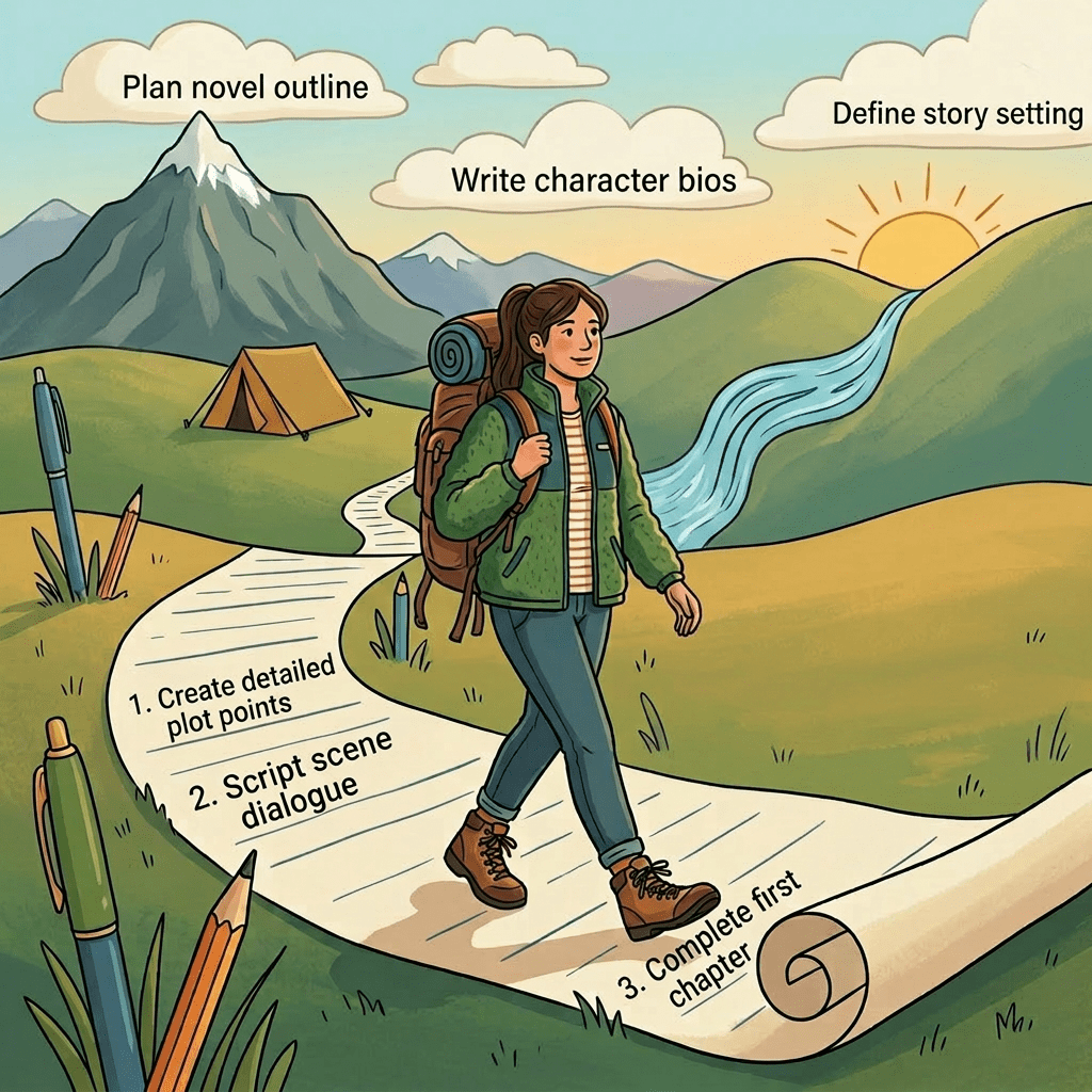 Person hiking on a path made of a scroll with writing steps: create detailed plot points, script scene dialogue, complete first chapter; clouds labeled plan novel outline, write character bios, define story setting