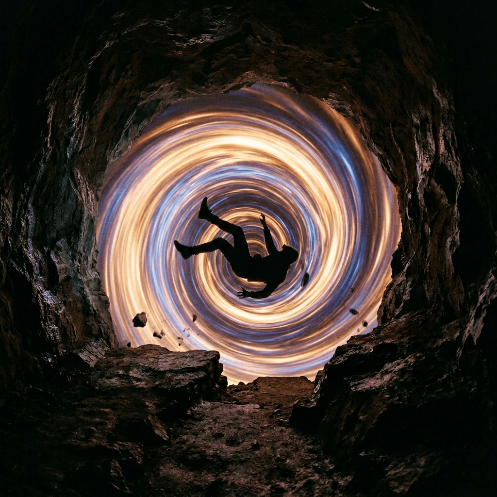 Silhouette of a person falling down a rocky tunnel toward a swirling vortex of light and color