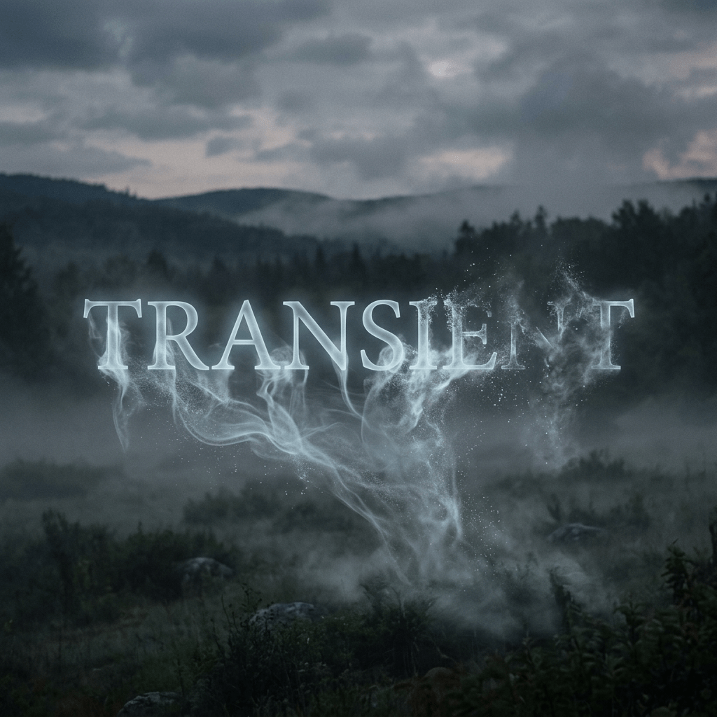 'TRANSIENT' text blending into mist above a foggy forest landscape with hills