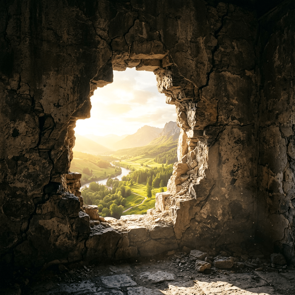 View of green valley, river, and distant mountains through hole in stone wall