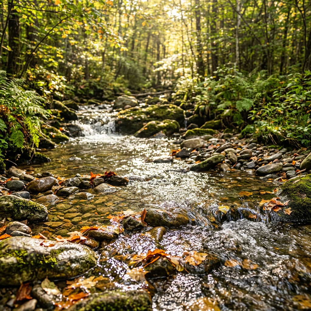 Clear forest stream flowing over rocks and leaves surrounded by green plants