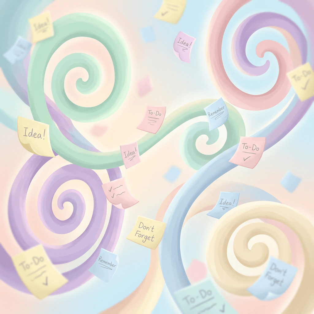 Colorful spirals intertwined with sticky notes labeled idea, to-do, remember, and don't forget