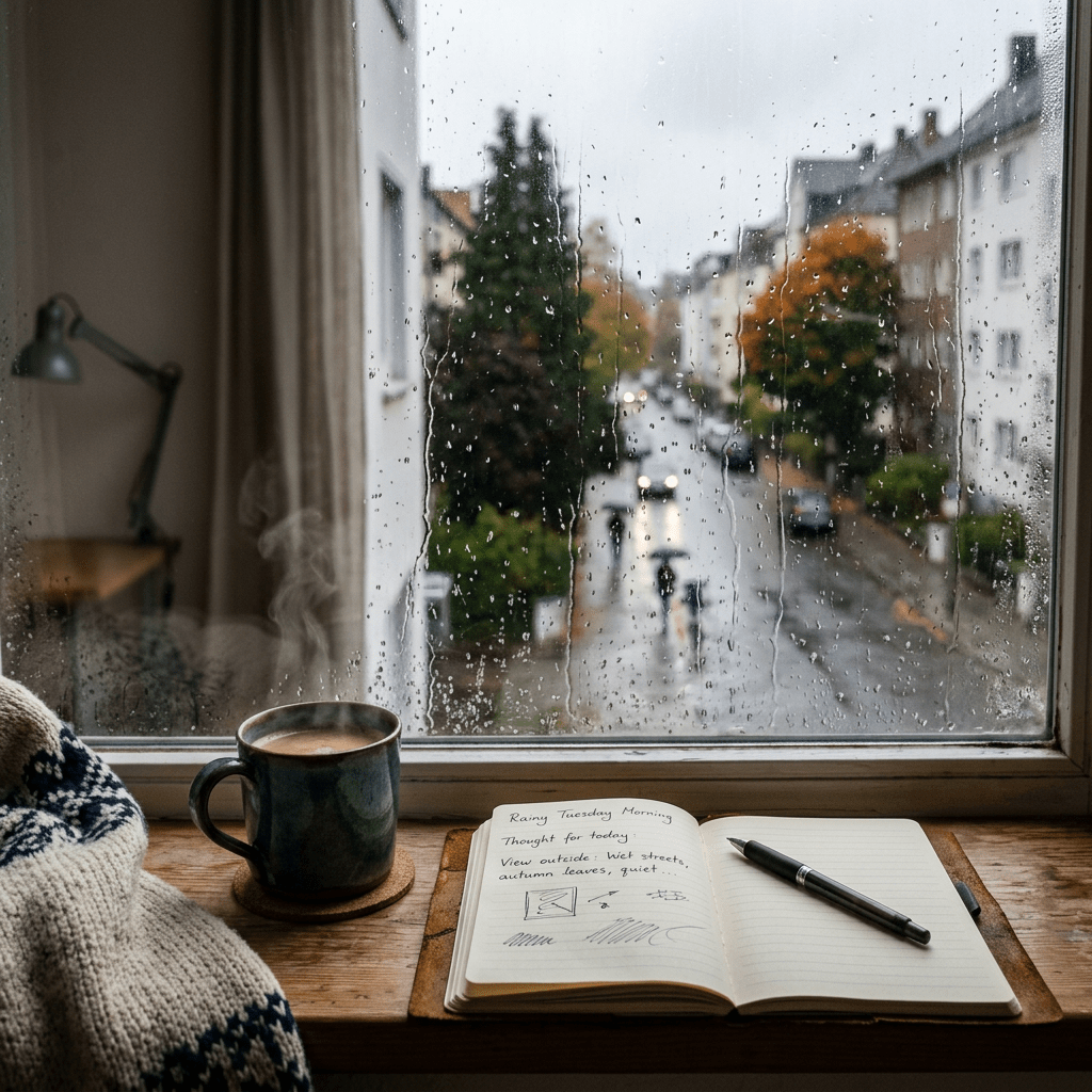 Open journal and steaming coffee cup on wooden windowsill with rainy street outside