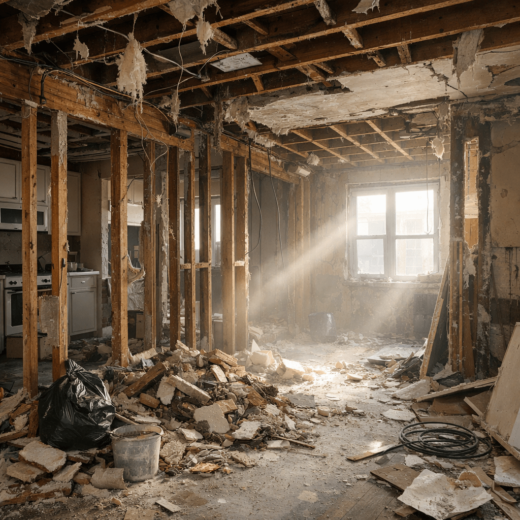 Room under demolition with exposed wooden framing, debris, and dust illuminated by sunlight through a window