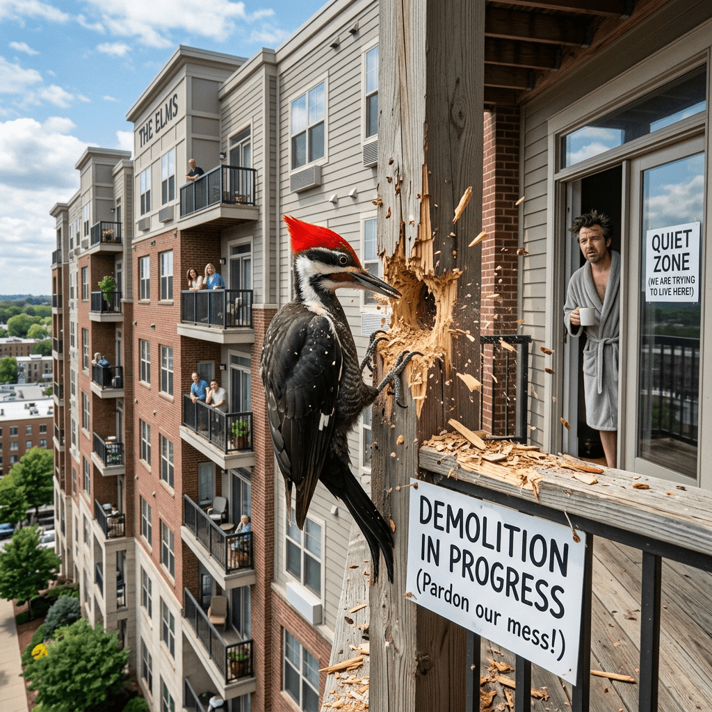 Woodpecker pecking a wooden post outside an apartment balcony with wood chips flying, man in robe holding coffee looks annoyed