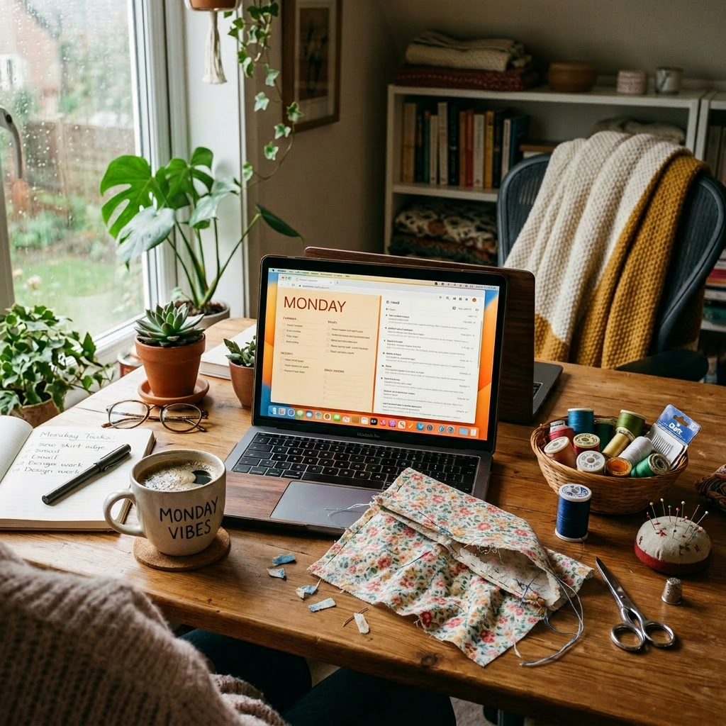 Home workspace with laptop displaying Monday schedule, sewing fabric and tools, coffee mug labeled Monday Vibes, and indoor plants by window