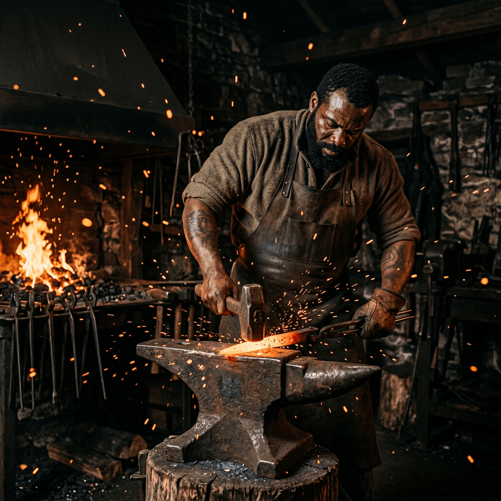Blacksmith shaping heated metal with hammer on anvil