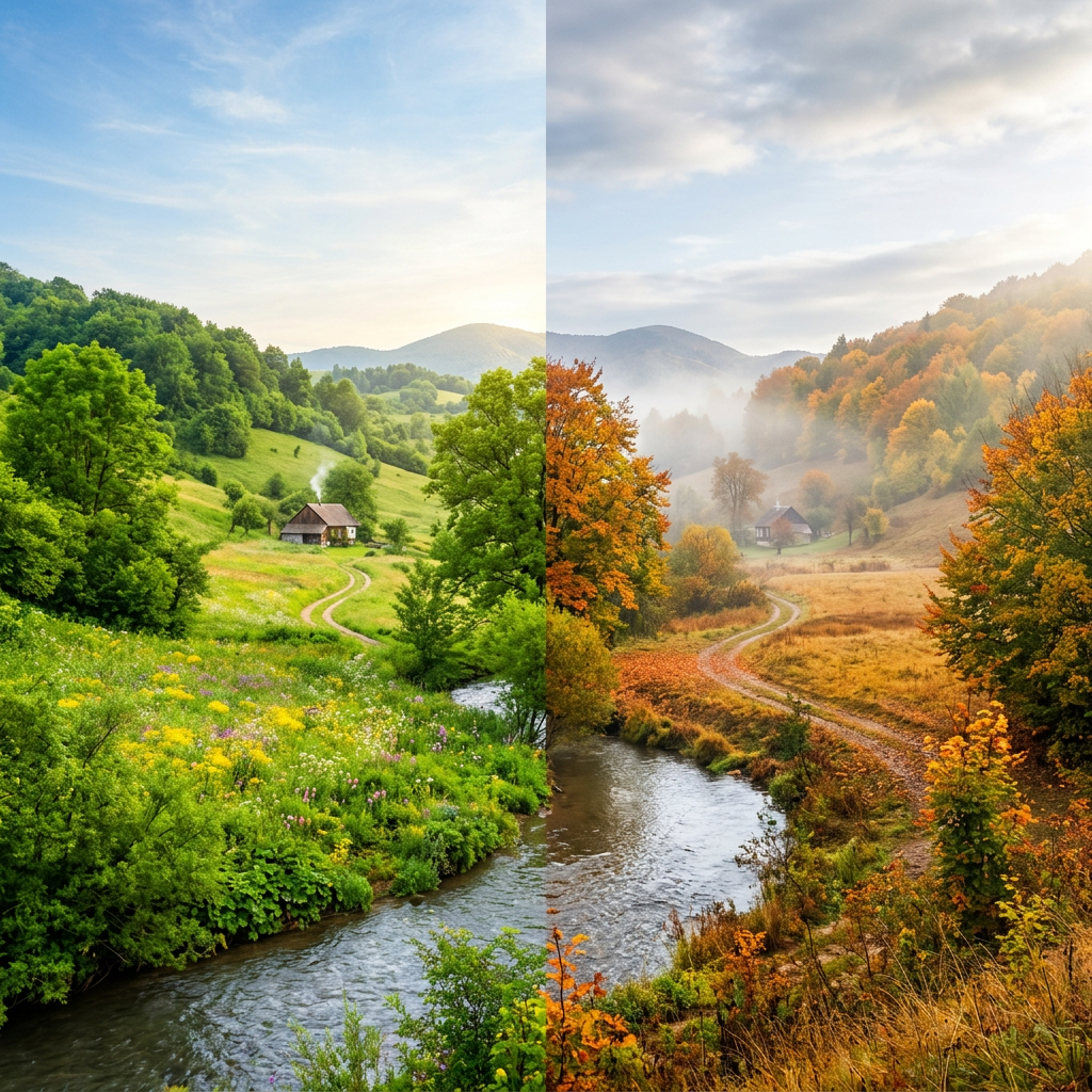 Rural landscape split between lush green summer and colorful autumn foliage seasons
