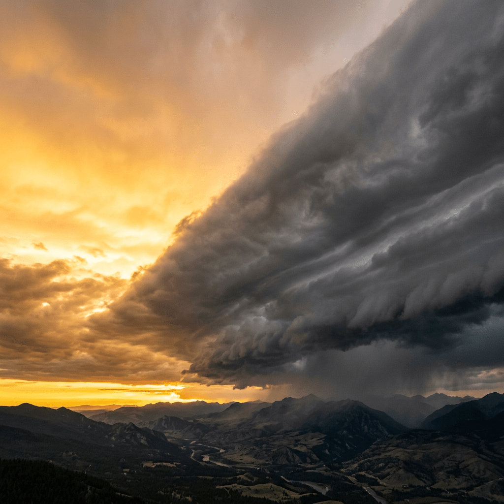 Dark storm clouds approaching mountain valley during golden sunset