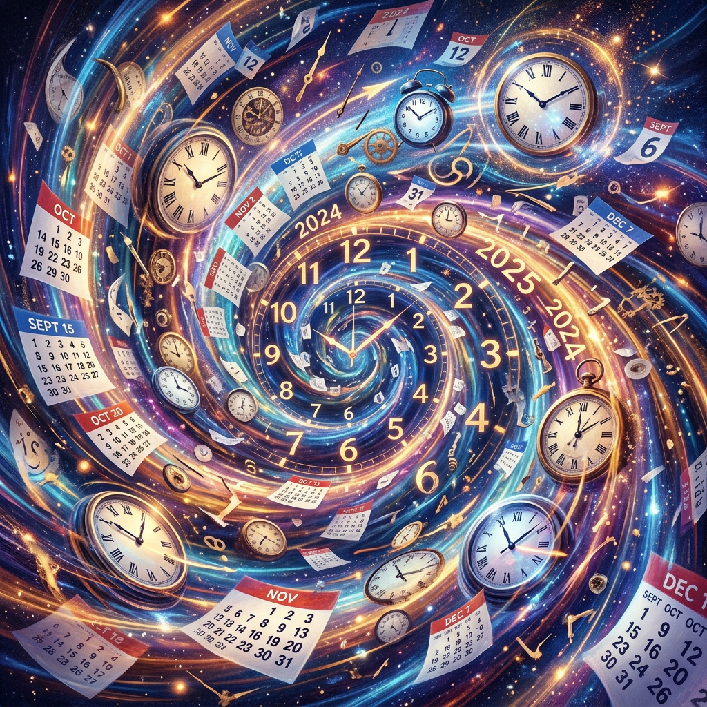Spiral vortex with various clocks and calendar pages from 2024 and 2025.