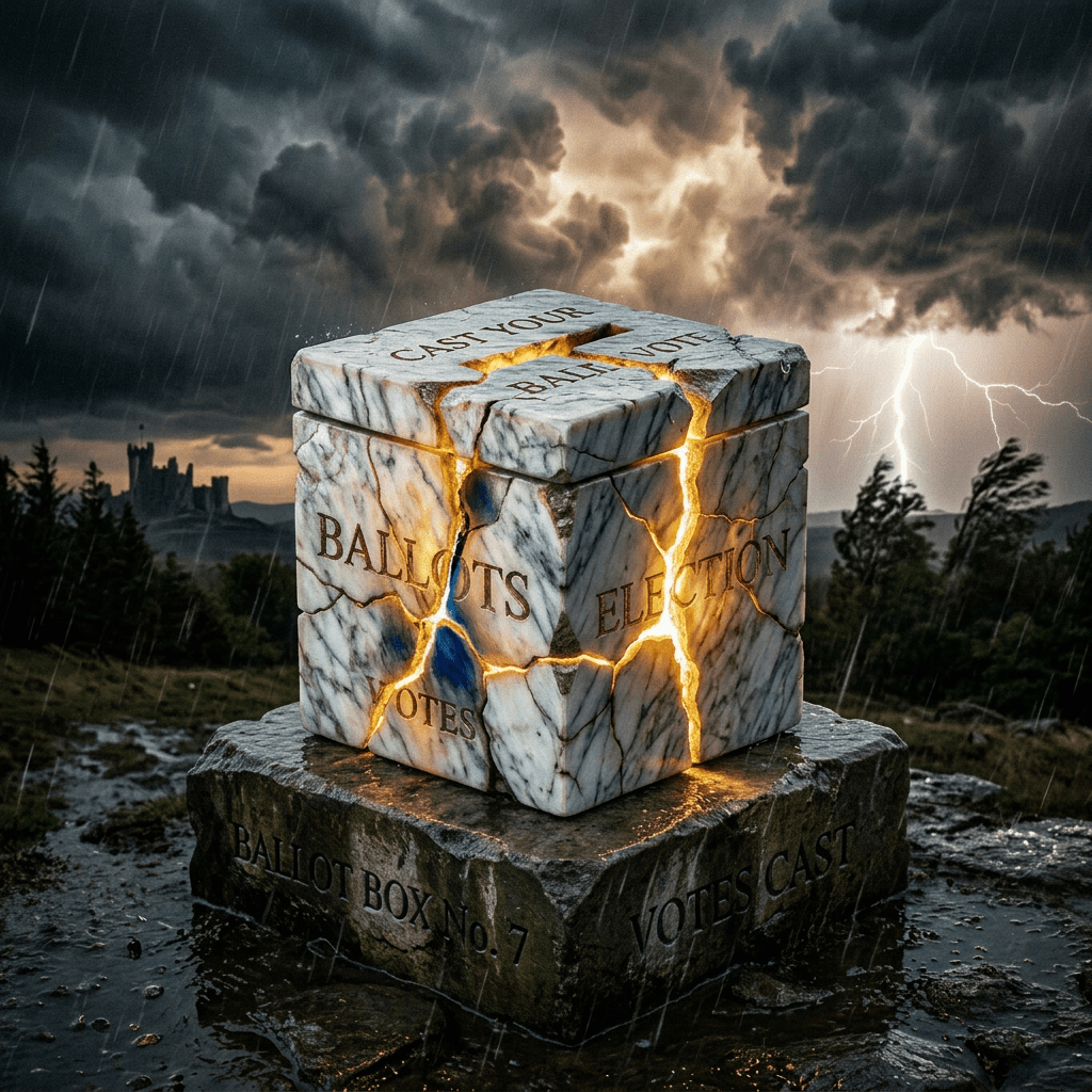 Marble ballot box with cracks glowing orange under stormy sky with lightning
