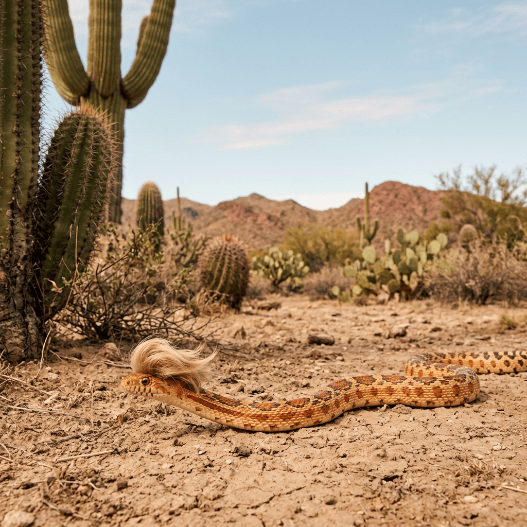 A snake with orange and brown patterns crawling on dry desert ground wearing a blonde hairpiece
