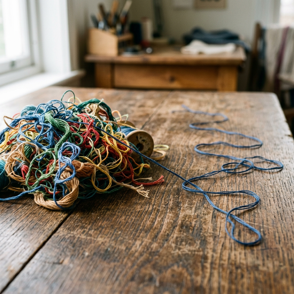 Tangled colorful embroidery threads on rustic wooden table with blue thread extending