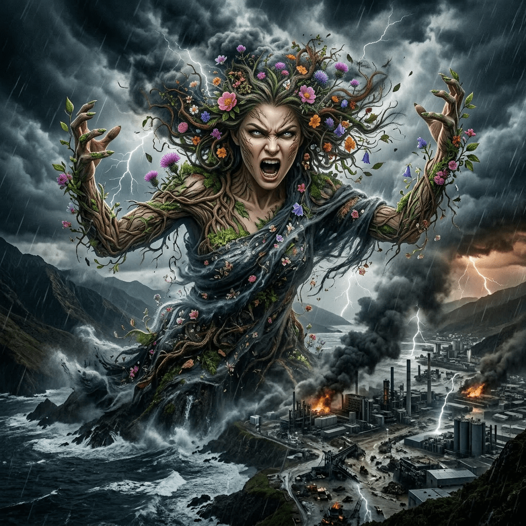 Fierce storm deity rising from ocean, attacking industrial city with lightning and destruction