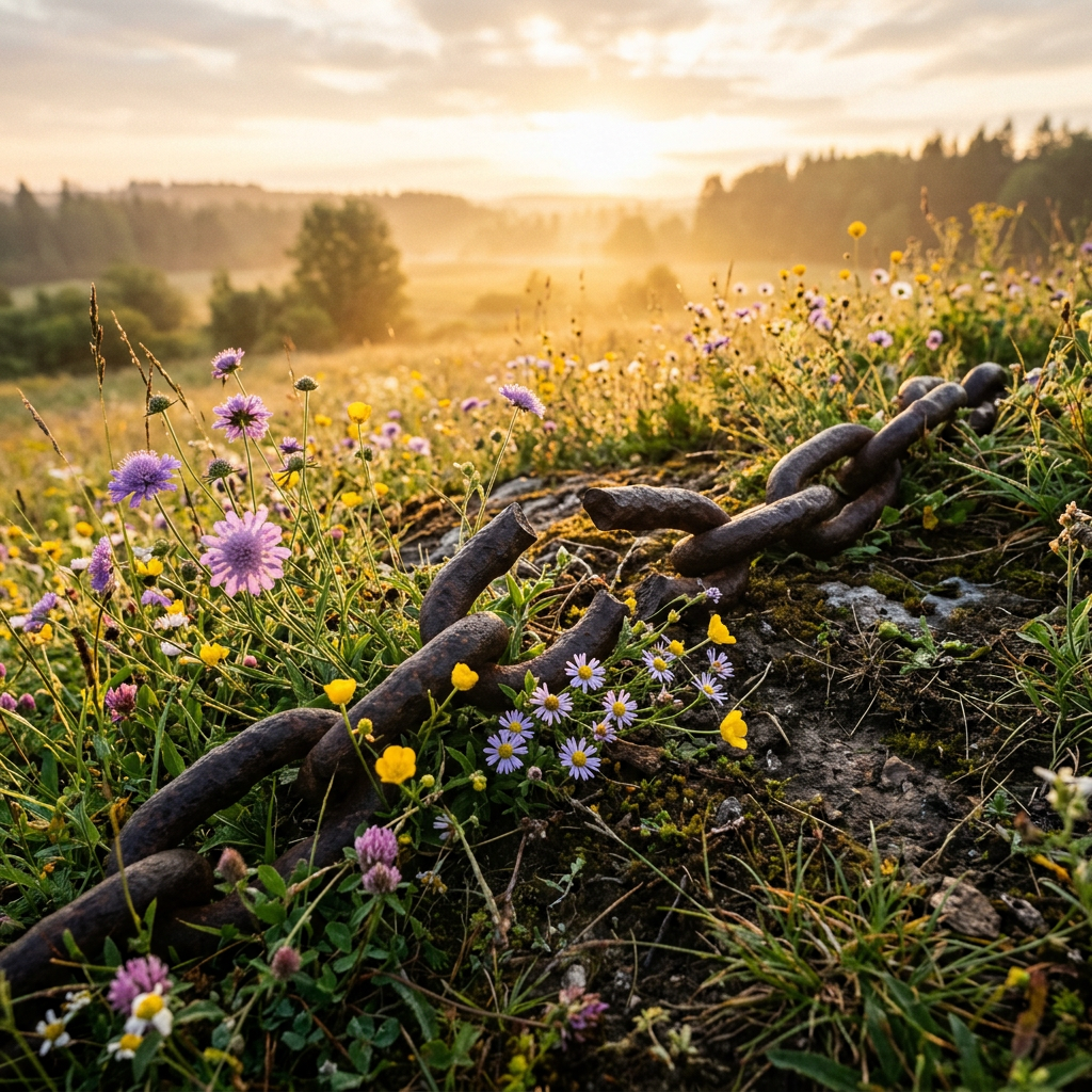 Rusty metal chain on ground surrounded by wildflowers and grasses
