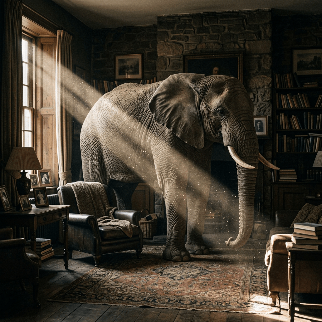 Elephant standing in a rustic living room with bookshelves and sunlight beams