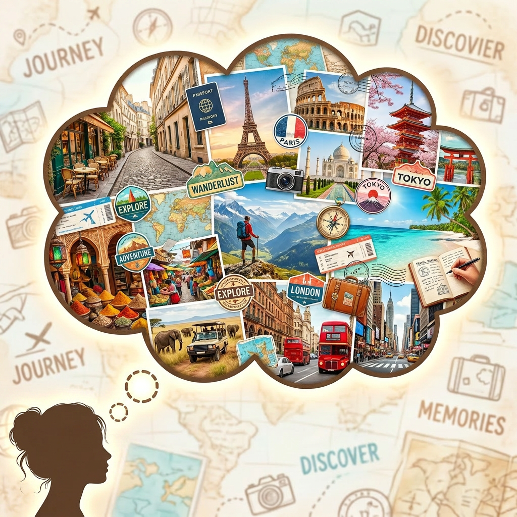 Collage of famous landmarks, travel icons, and adventure scenes from various countries