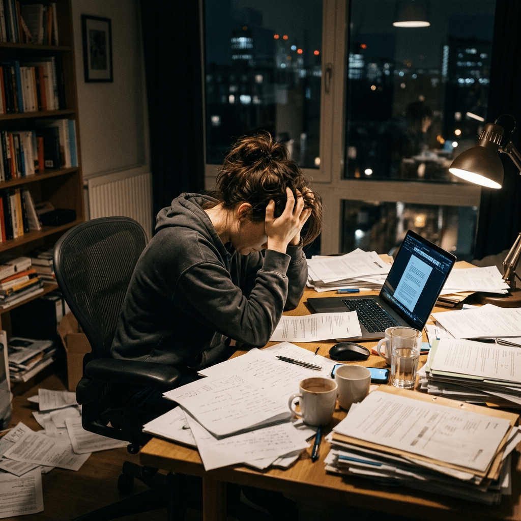 Person holding their head sitting at a cluttered desk with papers and laptop at night