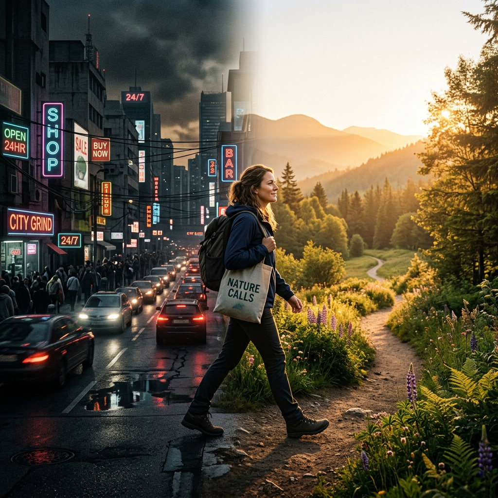 Woman with backpack walking from crowded city street toward a sunlit forest path