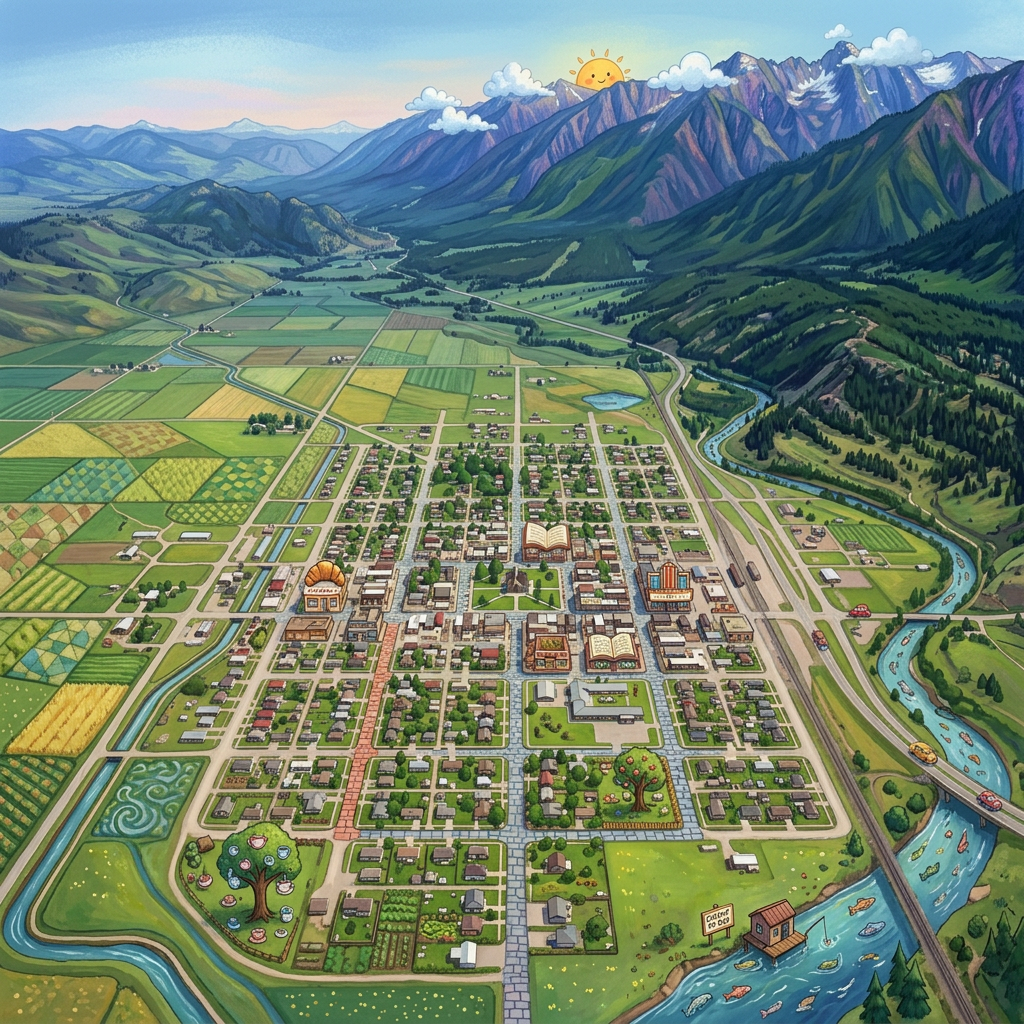 A small town with grid-pattern streets nestled in a valley with mountains and farmland surrounding it