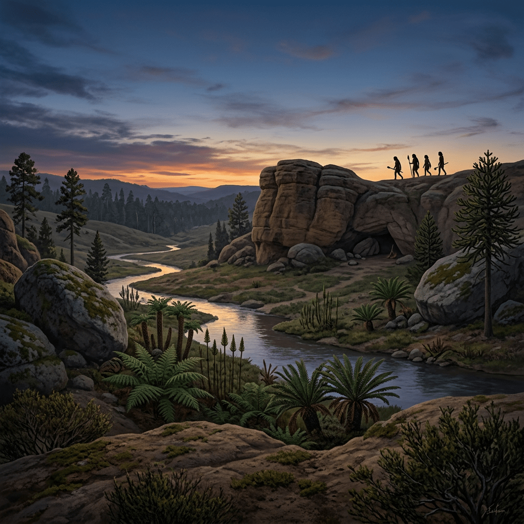 Four prehistoric humans walking on cliff edge above cave by river at sunset