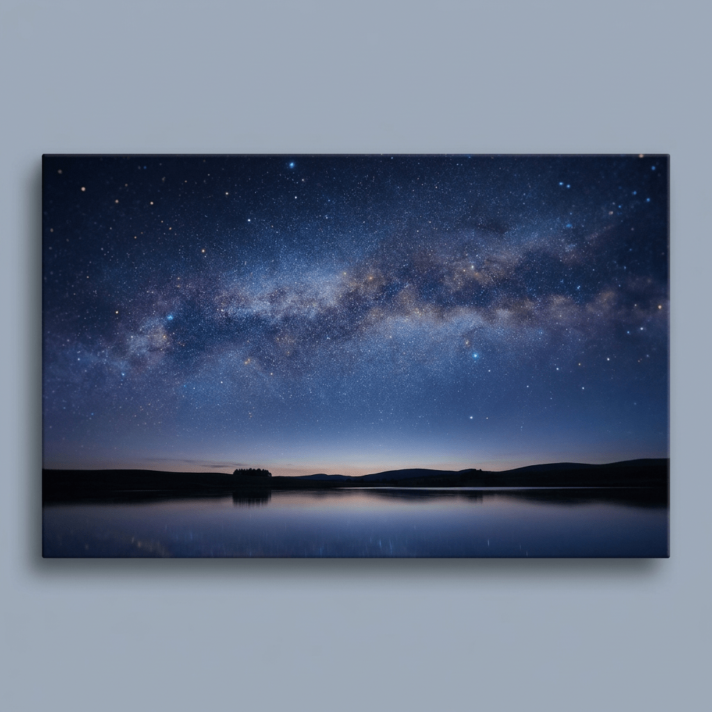 Framed photograph of the Milky Way over a calm lake