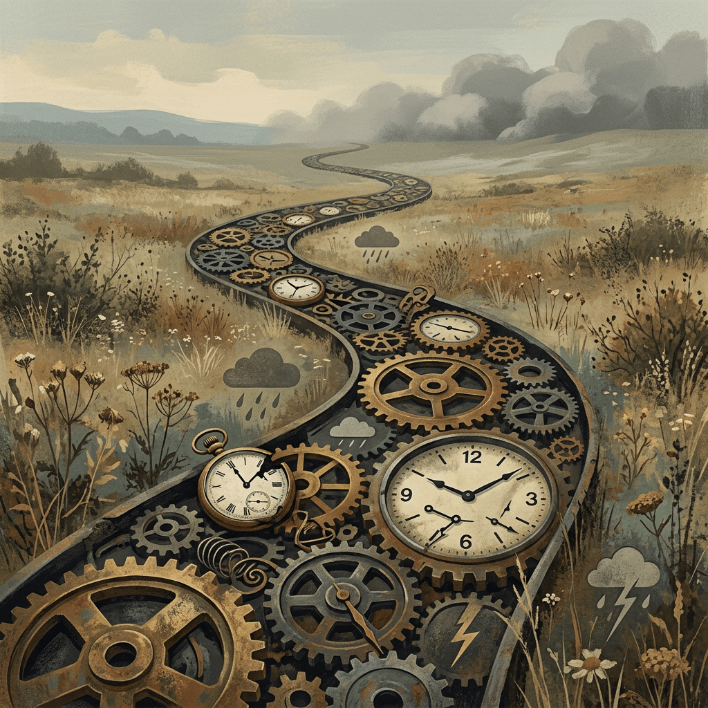 Winding gear-and-clock path through a countryside with rain clouds
