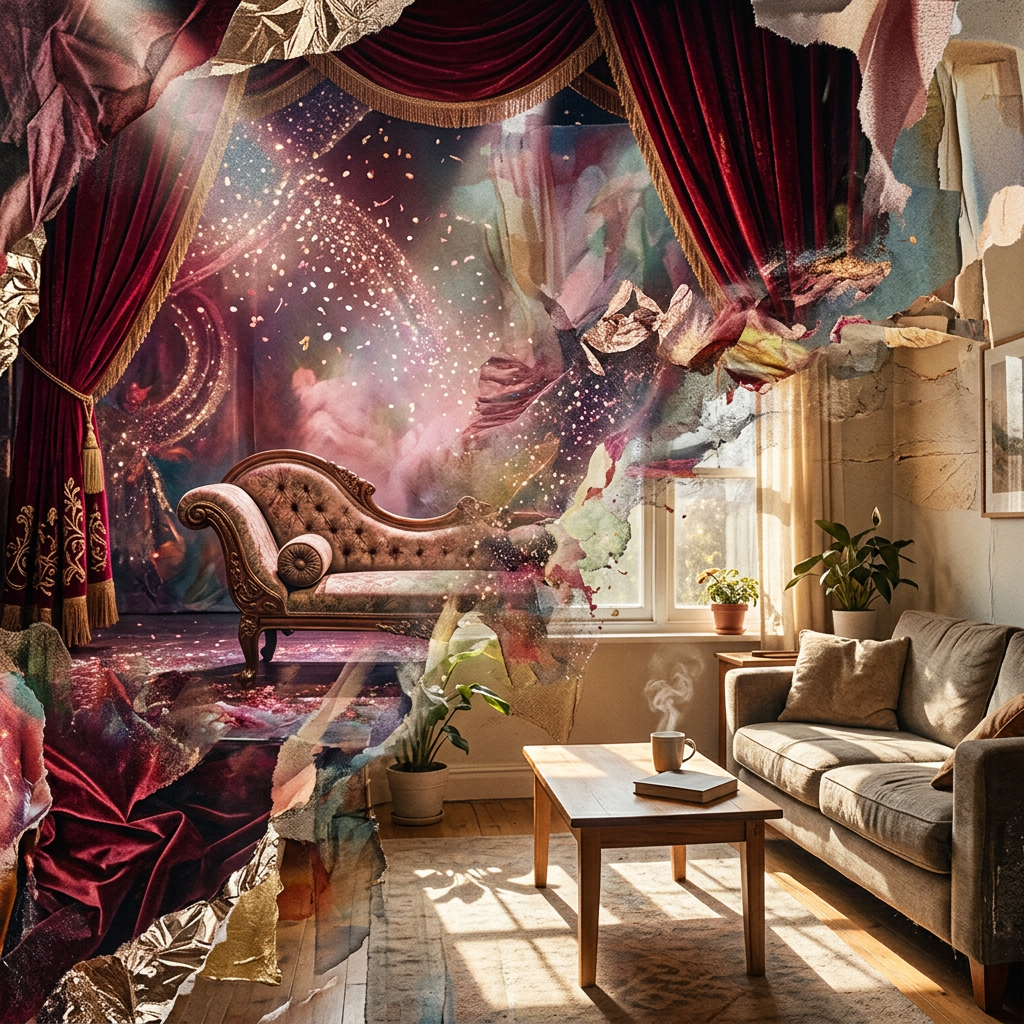 Living room merging with a glittering theater stage and red curtains