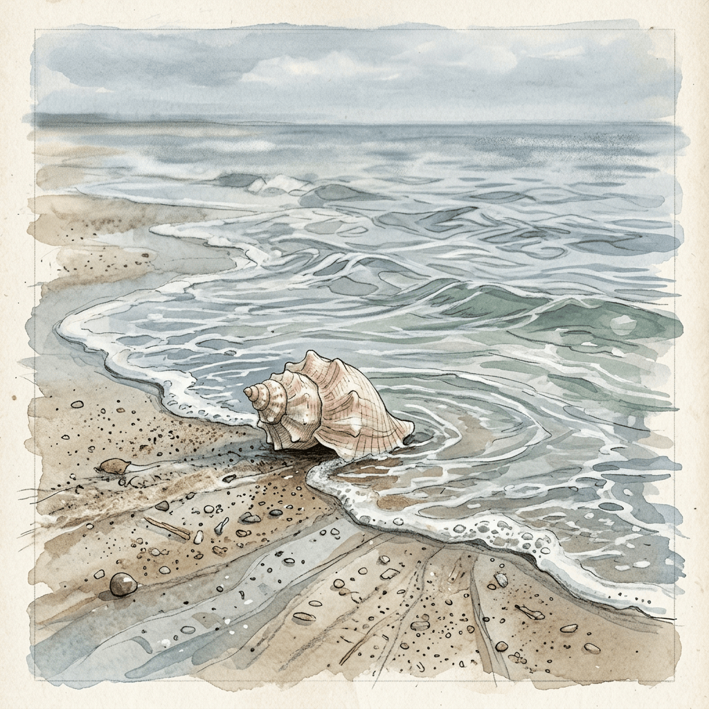 Seashell resting on a pebbled beach beside foamy ocean waves